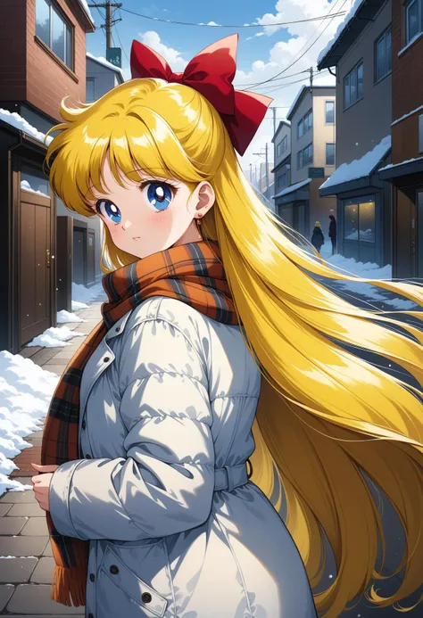 a woman with long blonde hair standing in front of a snowy street