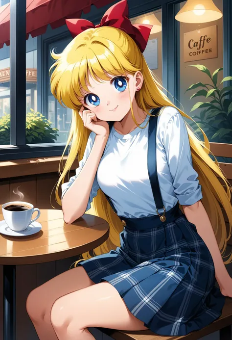 anime girl sitting at a table with a cup of coffee