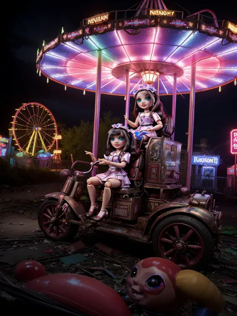 there are two girls sitting on a small car in a carnival