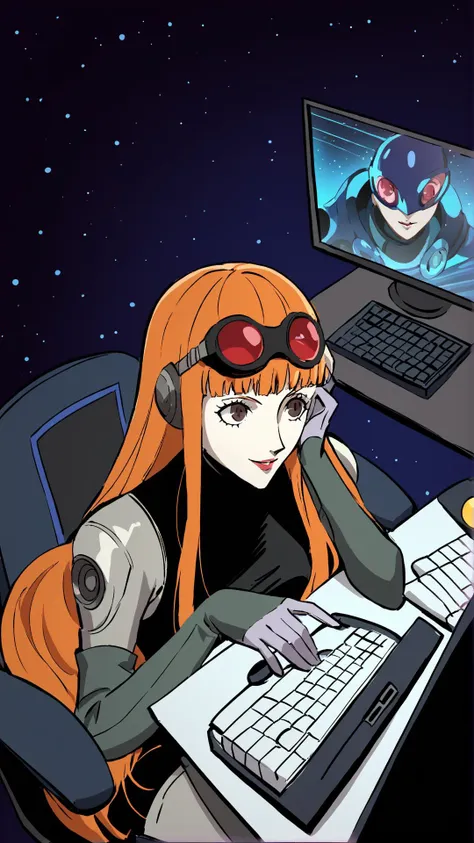 anime girl with glasses sitting at a computer desk with a keyboard