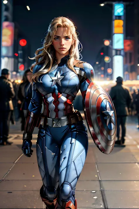 Professional digital art of beautiful blonde woman, GA1 as Captain America, (wearing Captain Americafull uniform) (action heroine) she has a ((muscular body)), (action scene, movie-shot), (Ready to fight) (Holding captain Americas shield) in the streets of...