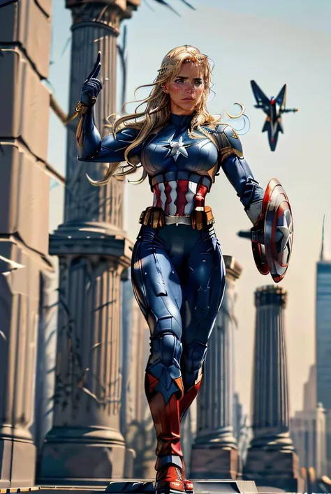 Professional digital art of beautiful blonde woman, GA1 as Captain America, (wearing Captain Americafull uniform) (action heroine) she has a ((muscular body)), (action scene, movie-shot), in the streets of New York City, (Statue of Liberty in the backgroun...