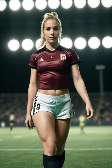 professional photograph of <lora:GemmAtkins20byMal (1880):0.95> GA1 woman as a female football player, shes wearing black shorts and a white and red tshirt, shes in a soccer stadium, walking on the grass, night time, 4k, 8k, hyper detailed shadows, moon in...