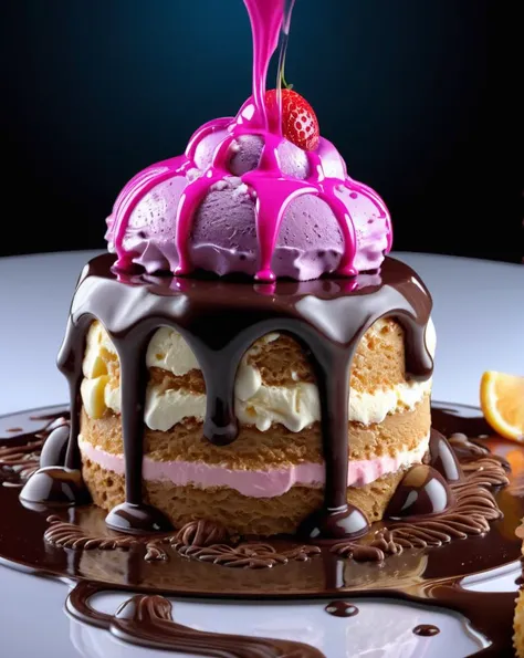 there is a cake with a pink icing and a chocolate sauce