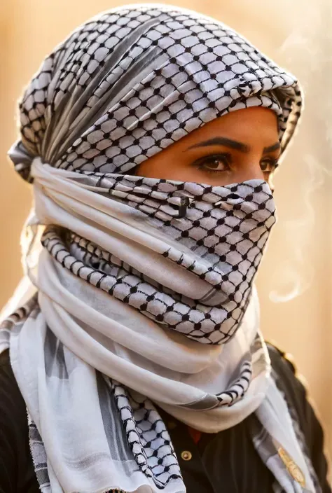 a woman wearing a scarf and a black shirt is smoking