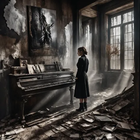 a woman standing in a room with a piano in front of a window