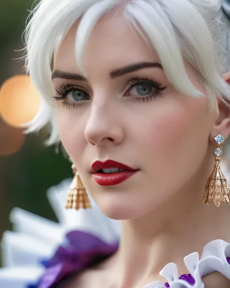 old woman hair white, 3d, blurry, blurry background, blurry foreground, bokeh, chromatic aberration, cosplay photo, depth of field, earrings, eyelashes, focused, frills, jewelry, lips, looking at viewer, motion blur, photo (medium), photorealistic, realist...