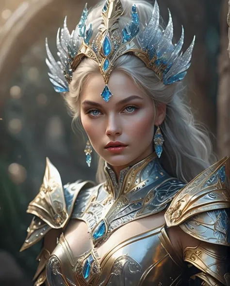 a woman in armor with a crown and blue eyes