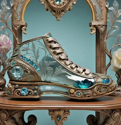 shoes transparent, gem, details, detailed scene, magical items, highly detailed scene, masterpiece, 3D, sculptural, textured, handmade, vibrant, fun, distressed, vintage, edgy, textured vibe, dirty, noisy, ornate Art Nouveau