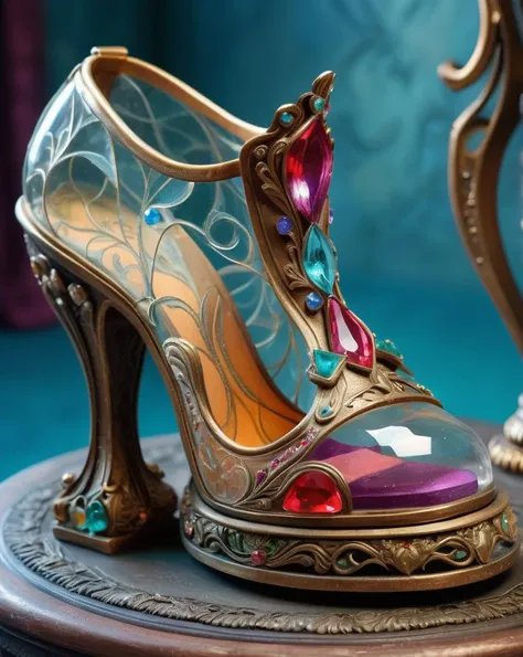 shoes transparent, gem, details, detailed scene, magical items, highly detailed scene, masterpiece, 3D, sculptural, textured, handmade, vibrant, fun, distressed, vintage, edgy, textured vibe, dirty, noisy, ornate Art Nouveau