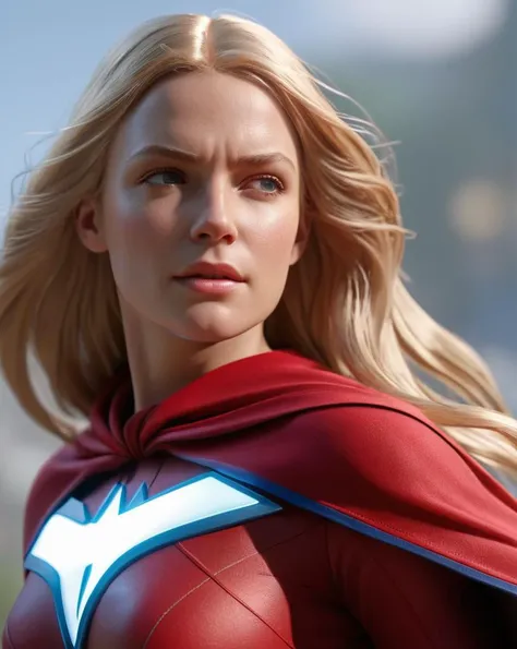 supergirl, cape red long, hair blonde (RAW Photo, cg unity, photography, ultra realistic details, sharp focus, detailed skin,4k, high-res, masterpiece, best quality:1.1)