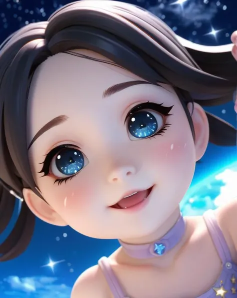 chibi, constellation, (1girl, solo:1.2), (chibi:1.3), eyeliner, eyelashes, looking at viewer, (shiny skin:0.16), (pale skin:0.33), (body blush:0.38), eyes beautiful, anime , realistic, masterpiece, best quality, movie still, cloud girl, floating in the sky...