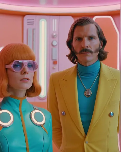 4k image from a 1970s science fiction film, imagem real, Estilo Wes Anderson, pastels colors, a man between two women wearing retro-futuristic fashion clothes and futuristic technological ornaments and devices, Luz Natural, cinemactic, Psicodelia, futurist...