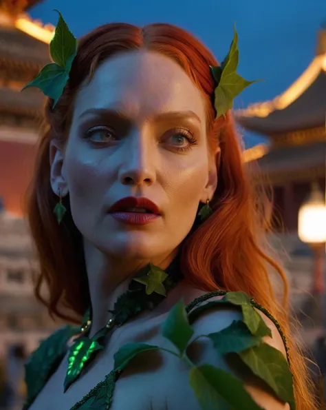 uma thurman, Ultra realistic extremely beautifully detailed 8k picture of 1 gorgeously cute and cool woman uma poison ivy exploring a forbidden city at night, extremely detailed eyes mouth and facial features, gorgeous breathtaking composition and epic cin...