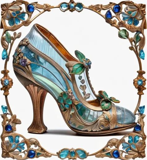 shoes transparent, gem, details, detailed scene, magical items, highly detailed scene, masterpiece, 3D, sculptural, textured, handmade, vibrant, fun, distressed, vintage, edgy, textured vibe, dirty, noisy, ornate Art Nouveau