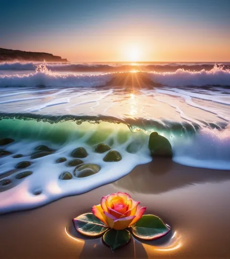 gorgeous beach, fantasy inside, roses, steam, sunrays, masterpiece, best quality, ultra high res, RAW, beautiful beach view, Mirleft, splashing rainbows, waves crashing, sand, foam, opalescent, (Photoluminescence water), bioluminescence, opal gems, agates,...