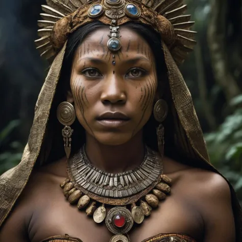 a woman with a large headdress and a large necklace