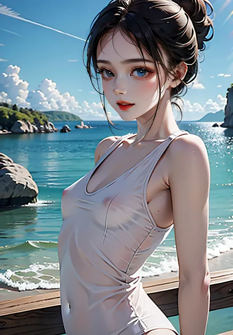 Painting,masterpiece, best quality, 1girl,small breasts,slim body,blue eyes, black hair,
 back-to-back,crucifixion, arms  behind  head, arm  hug,half updo,envy,transparent  clothes,no bra,open shirt,see-through,nipples show through,Beach,top down,
fashi-gi...