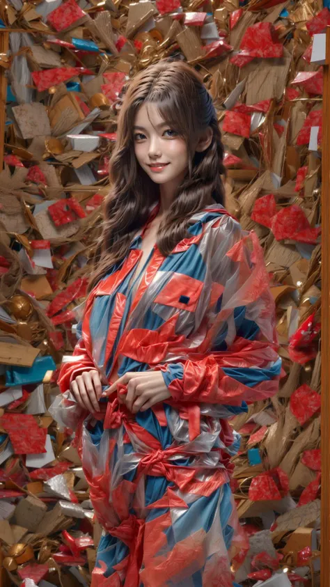 araffe woman in a red and blue robe standing in front of a wall of red and blue ribbons