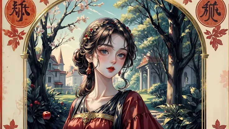 8k,masterpiece, best quality, 1girl, elegant, tarot, red apple, tree, garden, symbolism, decorative, ornate, sinful, detailed, <lora:add_detail:1>,  <lora:fashigirl-v6-nai-5ep-resize:0.7>,