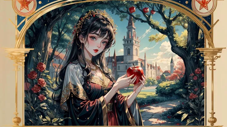 8k,masterpiece, best quality, 1girl, elegant, tarot, red apple, tree, garden, symbolism, decorative, ornate, sinful, detailed, <lora:add_detail:1>,  <lora:fashigirl-v6-nai-5ep-resize:0.7>,