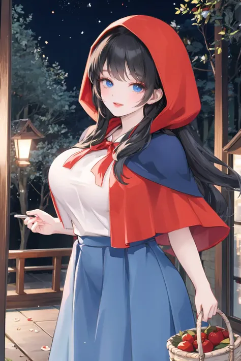 <lora:fashigirl-v6-nai-5ep-resize:0.6>, black hair, huge breasts, smile, lips, (forest), white_t-shirt, red hood, hood up, blue skirt, night, holding basket, looking at viewer, walking, long hair, red capelet