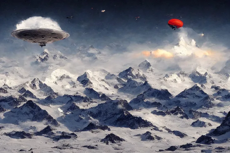 a UFO over Mount Everest, lightning, (no humans:1.9), <lora:MadeJourney:1.0>