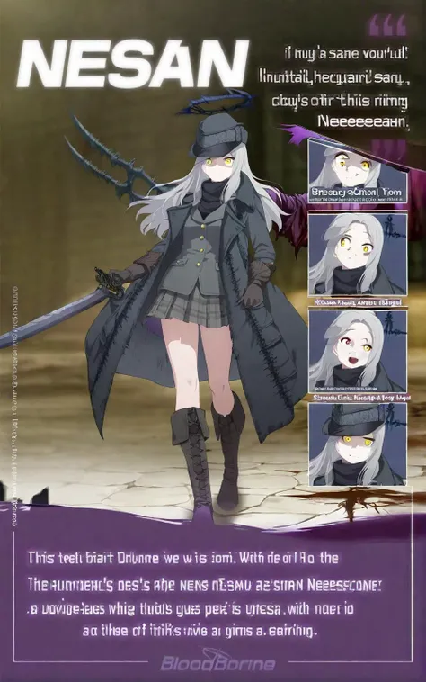 (anime-character-poster-with-four-different-expressions-of-them a-english-text-title-says- NEESAN ) masterpiece, 1 girl, sword halo, hunter (bloodborne), military cap, long hair, gray hair, yellow eyes, coat, gloves, turtleneck, school uniform, boots,  <lo...