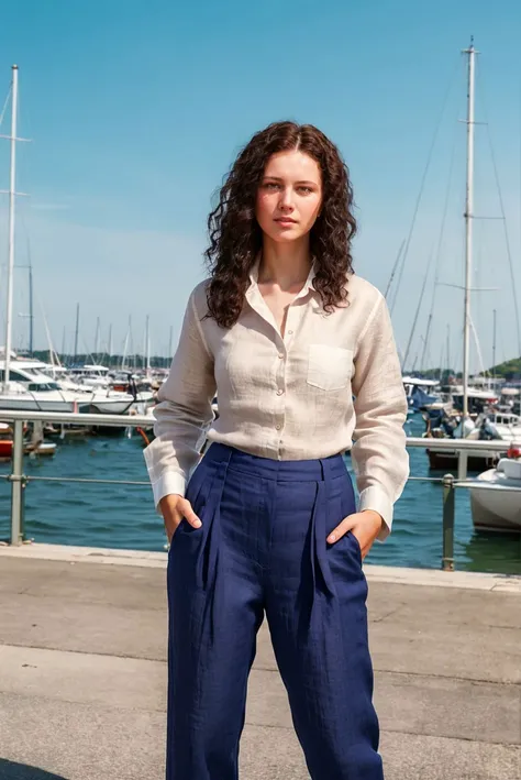 A full color portrait of a beautiful woman wearina a linen shirt and navy slacks, active harbor,HDR Foto,epic character composition,by ilya kuvshinov, alessio albi, nina masic,sharp focus, subsurface scattering, f2, 35mm, film grain <lora:AndreaR:1>