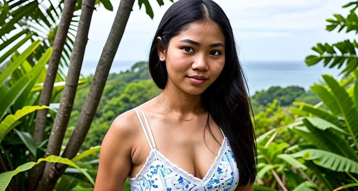 RAW photo, 1girl, a full body photo of a dark Cambodian girl wearing a sundress in a bungalow on the top of a jungle hill view of the ocean, (high detailed skin:1.2), (detailed face:1.2), 8k uhd, dslr, soft lighting, high quality, film grain, Fujifilm XT3