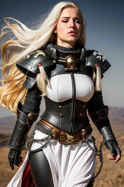 cowboy shot, action pose, ultra realistic 8k cg, (epic:1.5, perfect artwork, masterpiece),1girl, warhammer 40k, space marine, armor,adeptus, battle sister, beautiful face, highly detailed face , <lora:warhammer40KSistersOf_2Rank8:1>,  (white hair, absurd l...