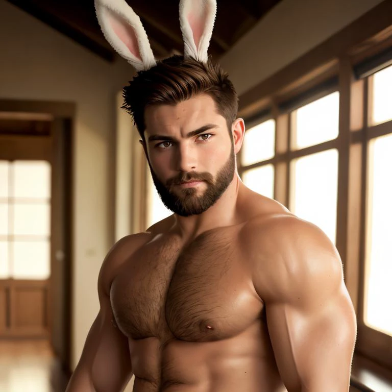 (masterpiece, best quality, absurdres, high details, perfect),  1boy (with bunny ears), tall, muscular, brown hair, very short spiked hair, fierce brown eyes, beard, topless, sweatpants, sweat, sweatdrop, shiny skin, shiny hair, hand in own hair, scar, ser...