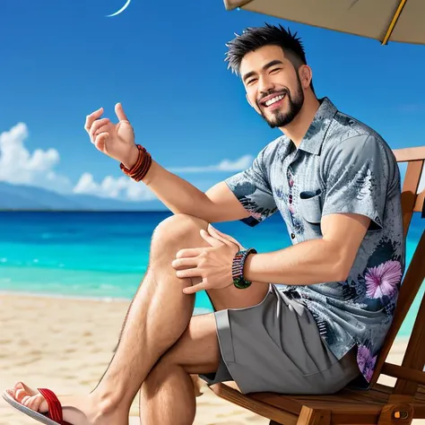 anime, ikemen, manly, low angle, closeup, hairy chest, bara, laughing, looking at viewer, expressive, legs spread, bulge, sitting in beach chair, (buzzcut, goatee, gray eyes, open patterned hawaiian shirt), smirk, swimming trunks, sandals, leaning back, co...