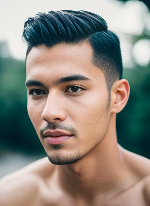 a close up of a man with a shirtless face and a short hair