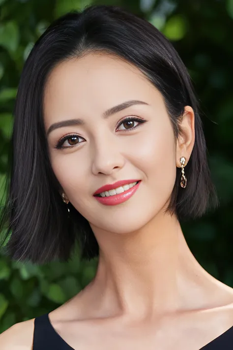 a close up of a woman with a black dress and earrings