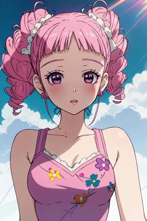 a woman with pink hair and a pink dress standing in front of a blue sky