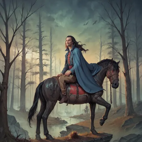 painting of a woman riding a horse in a forest