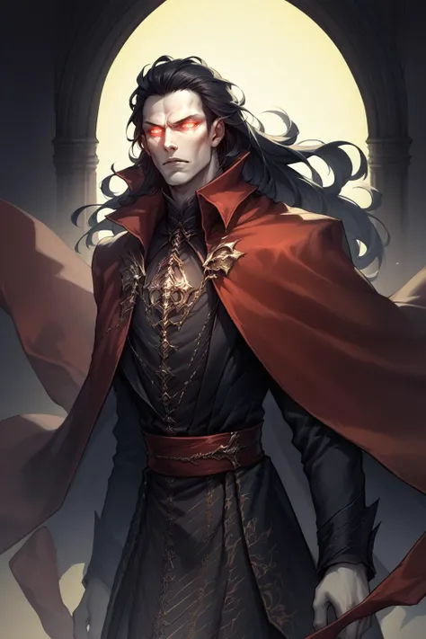 source_anime, score_9, score_8_up, solo, male focus, <lora:clamStrahdPDXL_v12:1> Strahd, vampire, long hair, red cape, close-up, glowing eyes, volumetric lighting, black background, flying