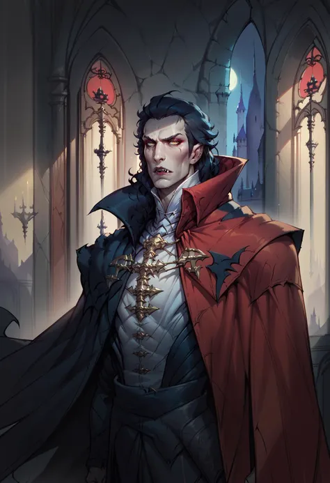 a man in a red cape and black cloak standing in a castle