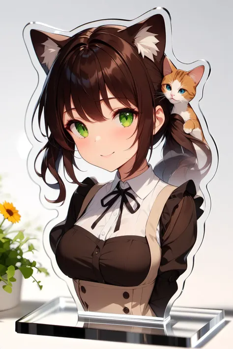 anime character with cat on head and green eyes standing on a shelf