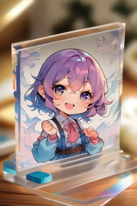 anime character with purple hair and blue eyes on a clear acrylic plaque