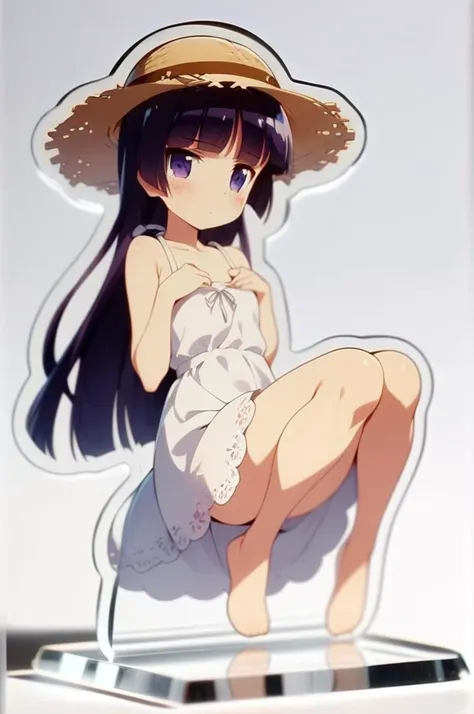 1girl,solo,petite,slender,small breasts,full body,on table,gokou ruri,white summer dress,straw hat,shy pose,(acrylic stand), cut shape character(anime-style character acrylic stand. The acrylic stand is cut to the shape of the character) <lora:acrylicStand...