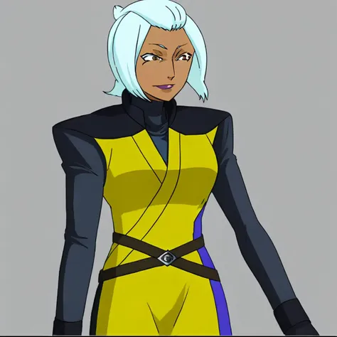 Mink Leiden,dark skin,blue hair,long military dress,solo,classroom