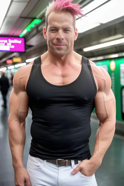 sksman, smile , (wearing tight white tank top), pink spiked cyberpunk hair , huge muscles, bodybuilder, oiled skin, bodybuilding competition pose, with side part chestnut Ivy league , background subway station epic (photo, studio lighting, hard light, sony...