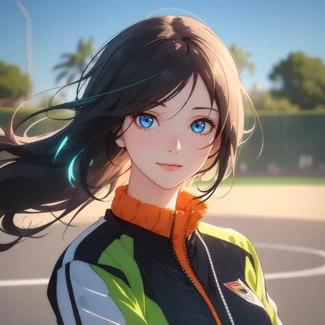 1girl, 20s,light_smile,closed_mouth,long black hair, dark blue eyes, track suit, in a baseball field, upper body, 
(masterpiece, best quality, ultra-detailed),(an extremely delicate and beautiful,hyper photorealistic:1.1),(high resolution,official art:1,2)...