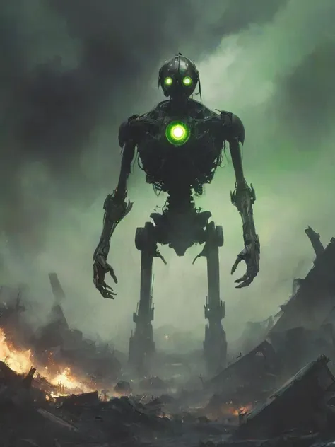 a close up of a robot standing in a field with a green light