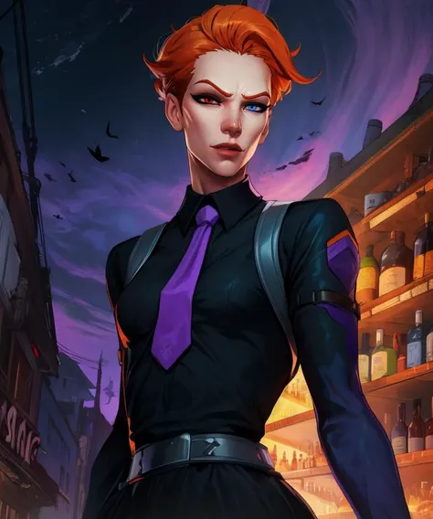 moria,heterochromia,short hair,orange hair,red eye,blue eyes,
standing,upper body,
black dress shirt,purple tie,
night,
(insanely detailed, masterpiece, best quality),solo,<lora:moria:0.9>,