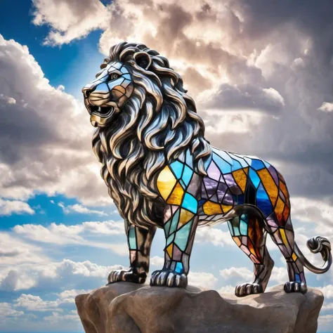 stained glass lion on a cliff, realistic clouds, realistic sky