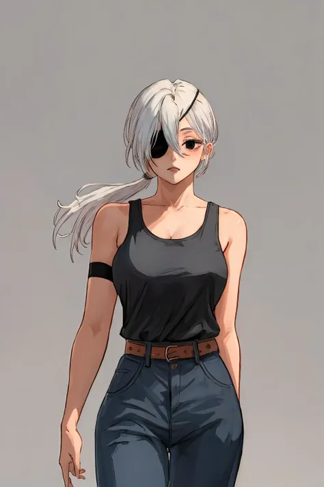 ((masterpiece)), ((best quality)), 1girl, quanxi, black eyes, eyepatch, ponytail, long hair, white hair, medium breasts, black tank top, pants, cowboy shot, simple background, <lora:csm_quanxi:1>