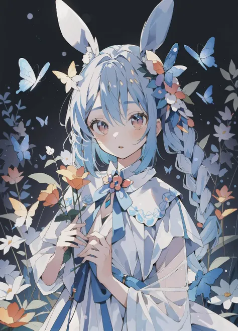 masterpiece, best quality, <lora:butterfly:0.6>, flowers, garden, 1girl, butterfly style, butterflies, <lora:Peko:0.4> , blue hair, rabbit ears,